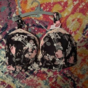 NWT Cacique Black and Pink Floral Bra 40G